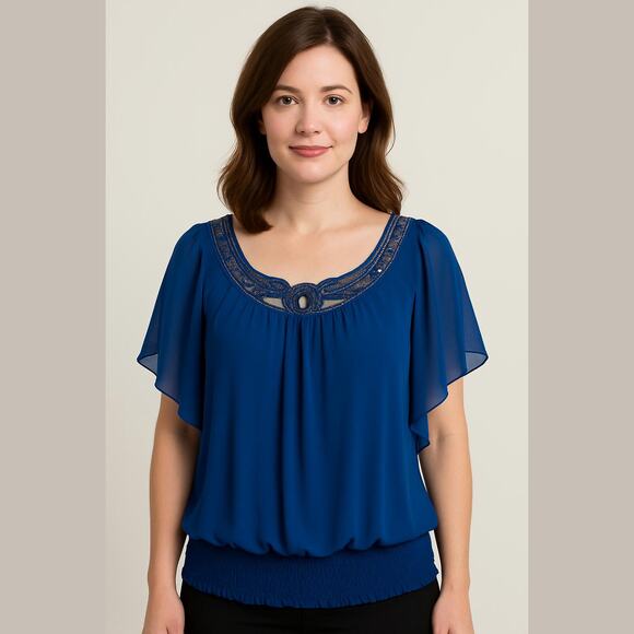 J.R. Nites by Carol Lin Tops - JR Nites by Carol Lin Blue Chiffon Sequin Neck Short Dolman Sleeve Dressy Top 14